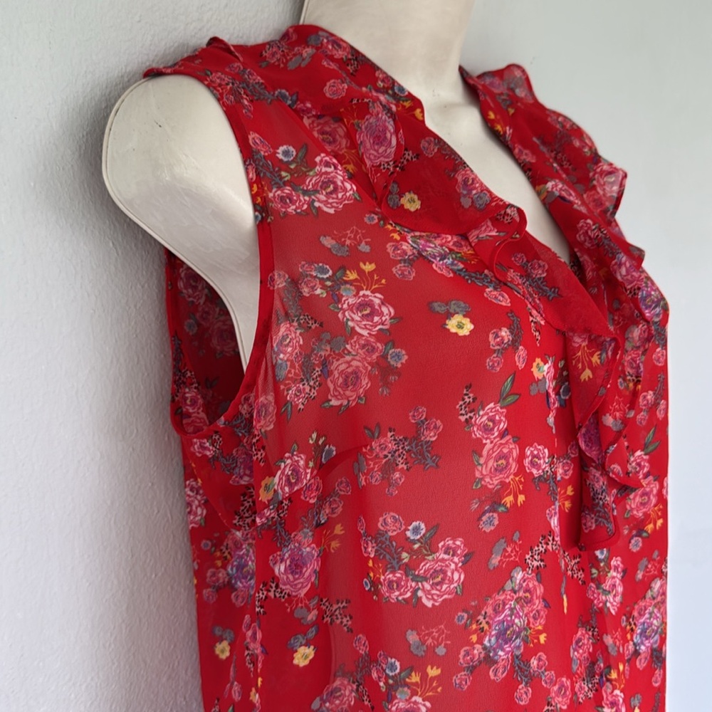 CAbi red floral sleeveless ruffle trim sheer fabric blouse size small - Picture 6 of 11
